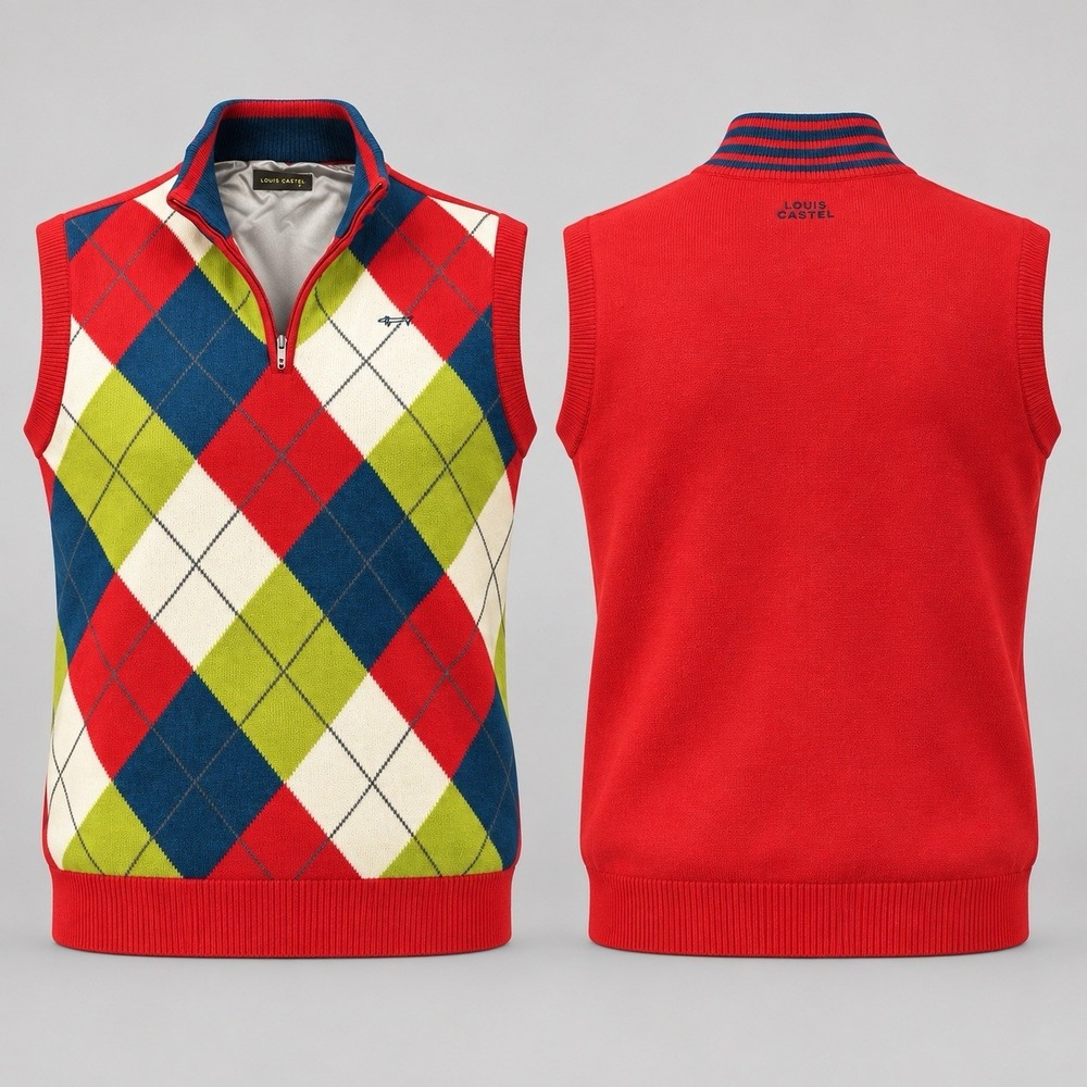 Louis Castel Quarter Zip Argyle Sweater Men's XL Navy Blue Red Green 100% Wool